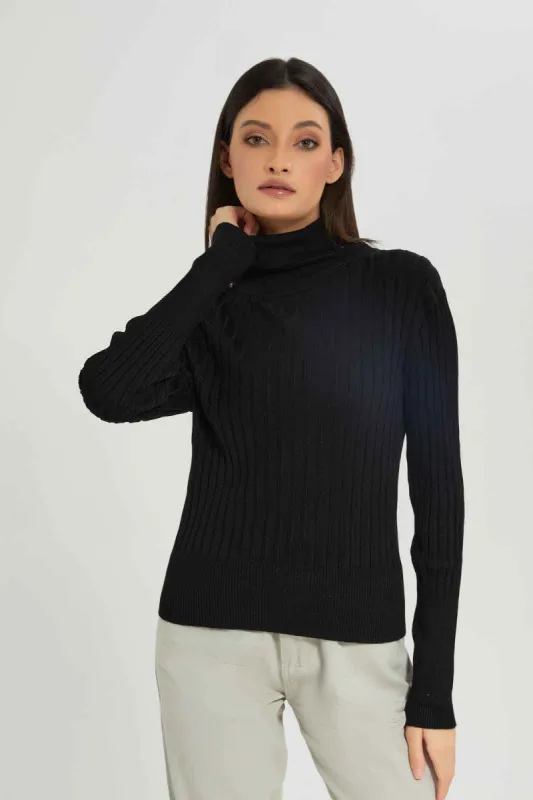 Women Black Ribbed High-Neck Pullover sold by Redtag