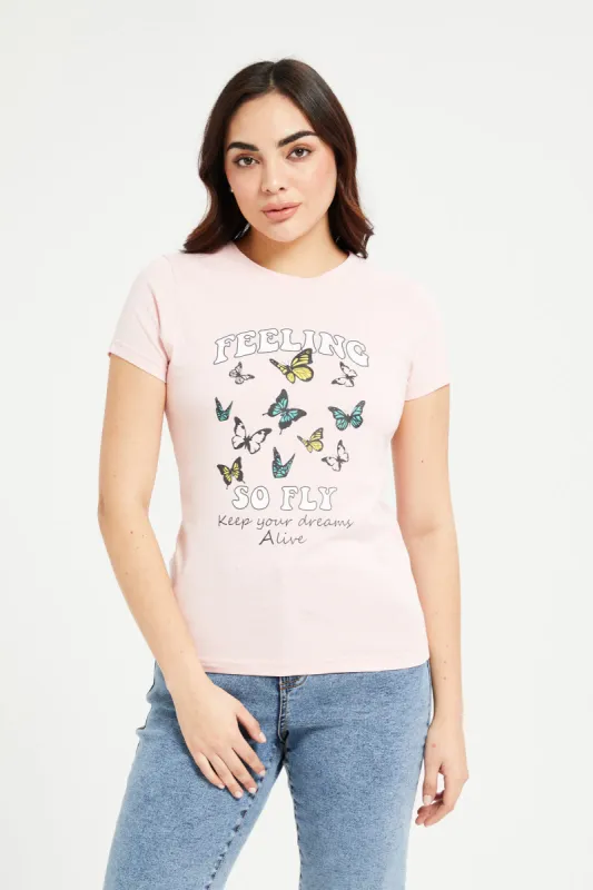 Women Mauve Butterfly Printed T-Shirt sold by Redtag