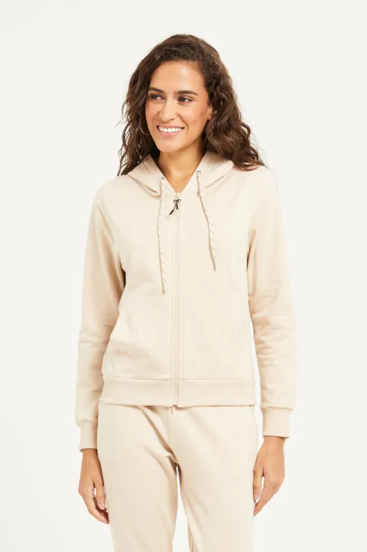 Women Beige Plain Zip Through Hoodie sold by Redtag