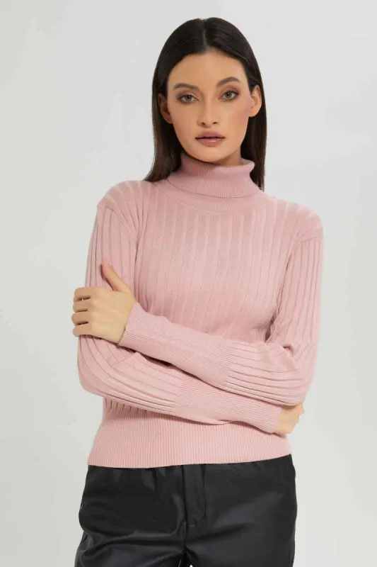 Women Pink Ribbed High-Neck Pullover sold by Redtag