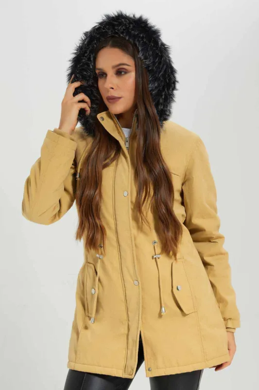 Women Beige Hooded Fur Puffer Padded Jacket sold by Redtag