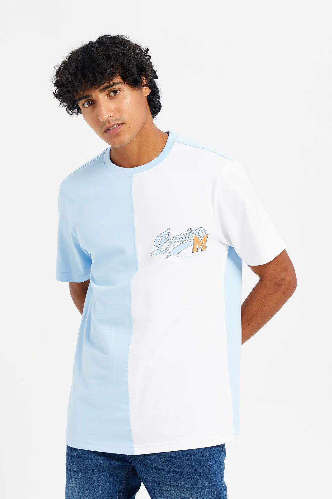 Men White And Blue Cut & Sew T-Shirt sold by Redtag