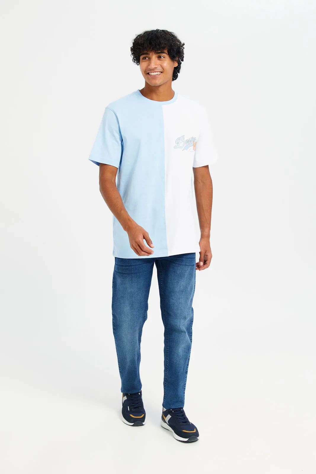 Men White And Blue Cut & Sew T-Shirt sold by Redtag product image thumbnail 2