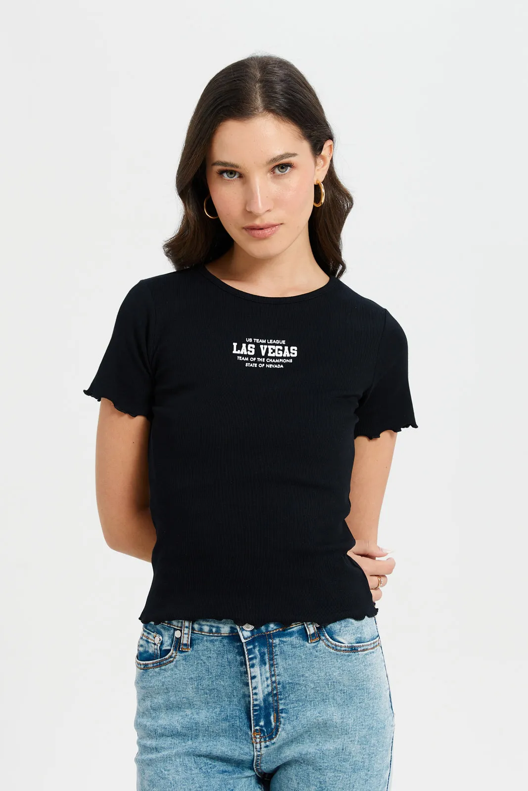 Women Black Ribbed T-Shirt sold by Redtag