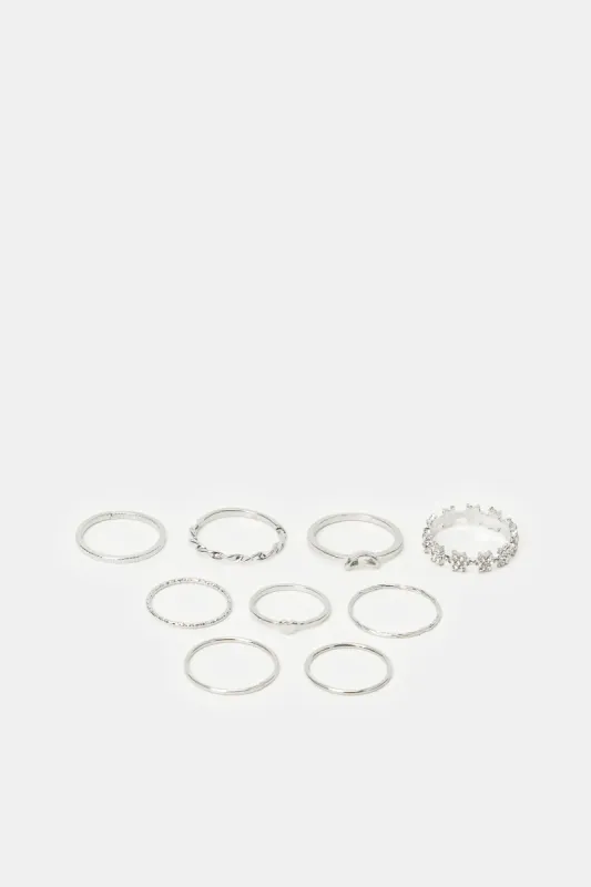 Women Silver Embellished Ring Set (9 Piece) sold by Redtag