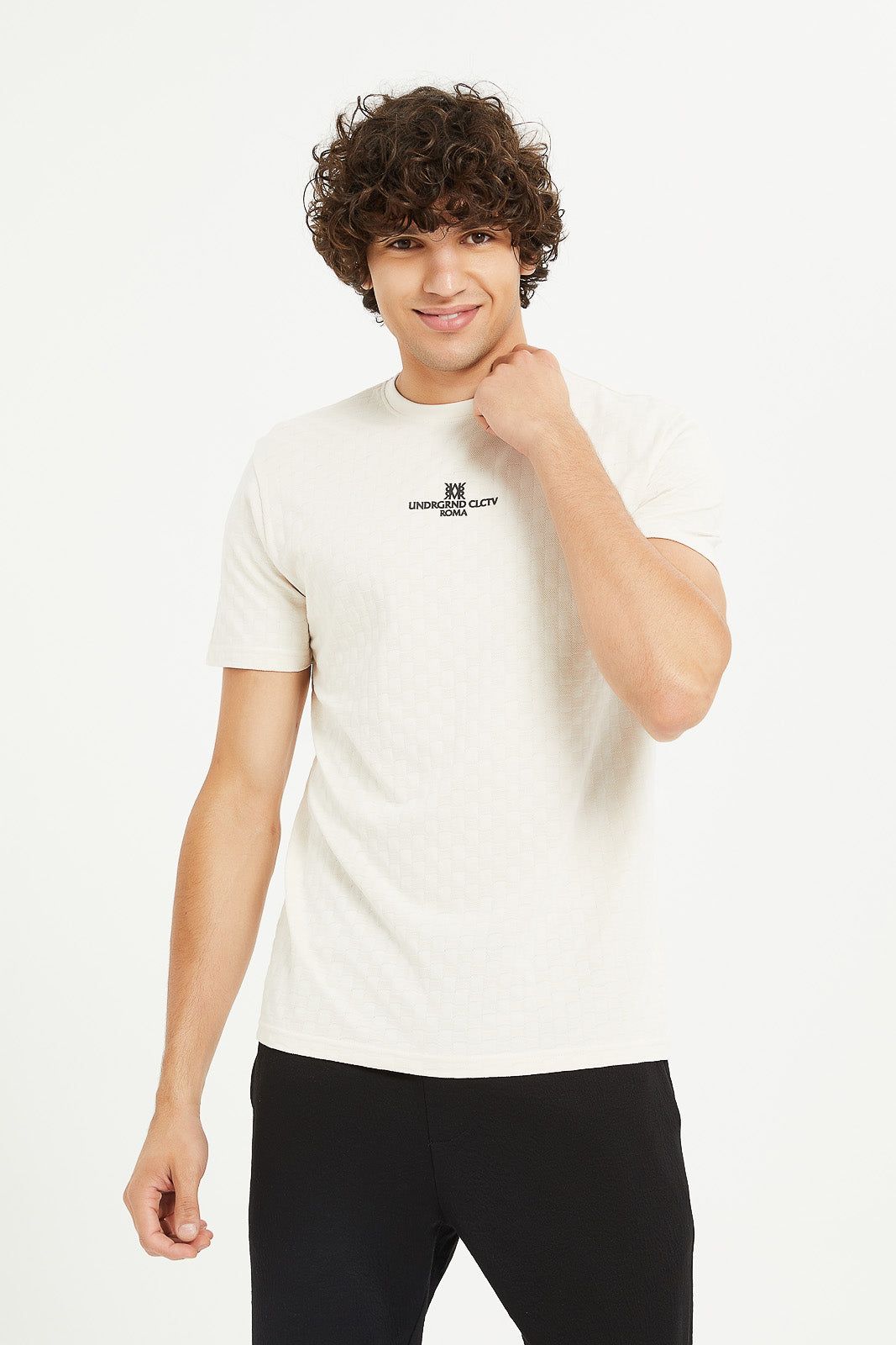 Men Beige Jacquard T-Shirt sold by Redtag
