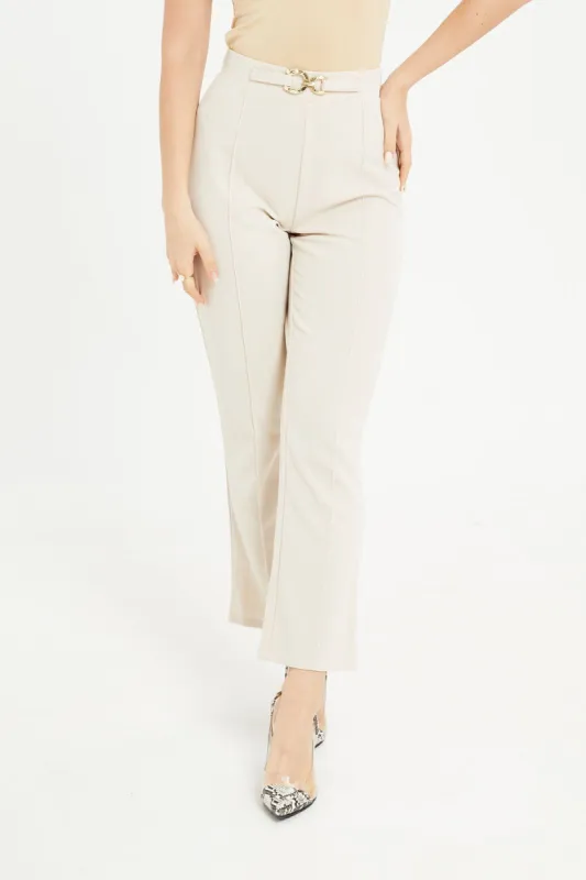 Women Beige Buckle Trousers sold by Redtag