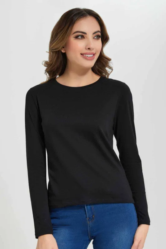 Black Plain Crew Neck Long Sleeve T-Shirt sold by Redtag