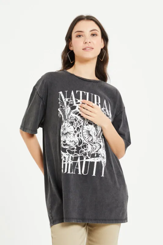 Women Charcoal Oversize Biker T-Shirt sold by Redtag