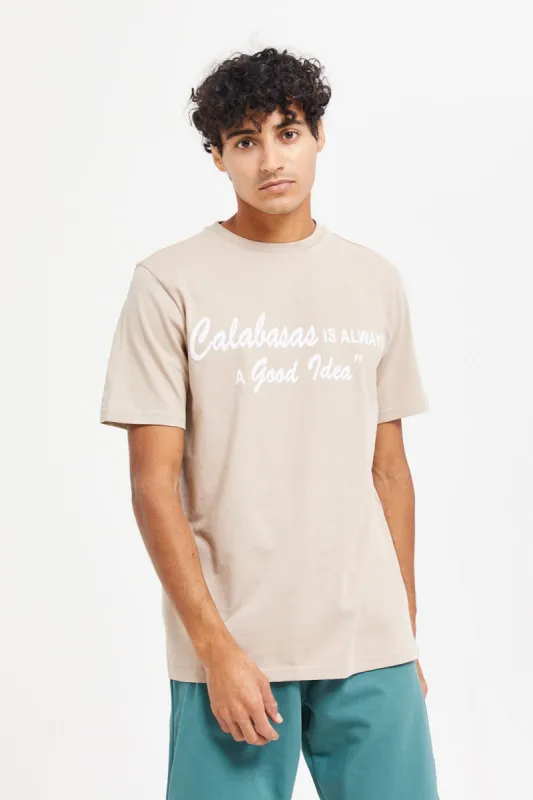 Men Beige Flock Print T-Shirt sold by Redtag
