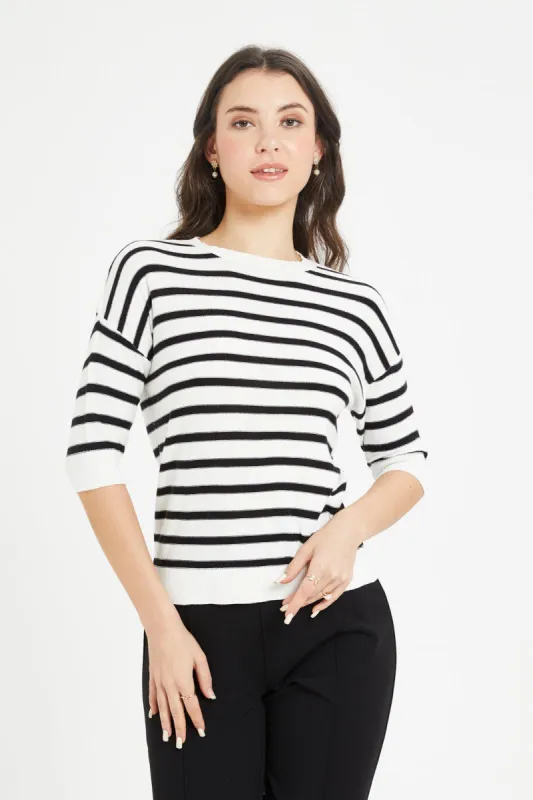 Women Black And White Striped Pullover sold by Redtag