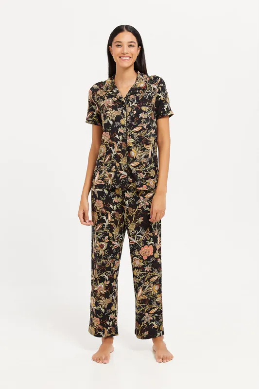 Women Black Flower Classic Print Pyjama Set (2 Piece) sold by Redtag