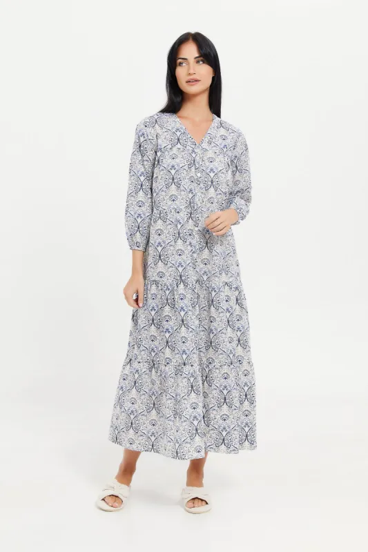 Women Cream Printed Long Sleeves Nightgown sold by Redtag