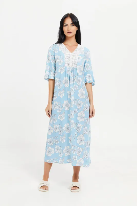 Women Blue Printed Short Sleeves Nightgown sold by Redtag