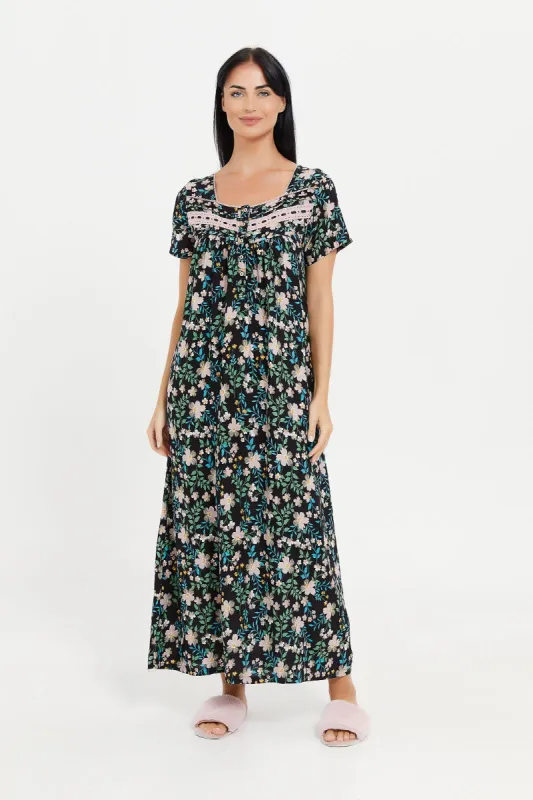 Women Black Printed Short Sleeves Nightgown sold by Redtag
