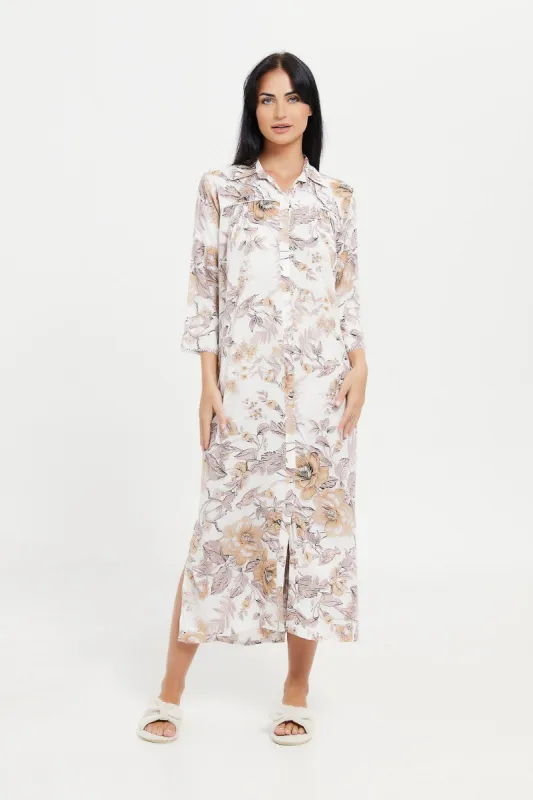 Women Ivory Printed Long Sleeves Nightgown sold by Redtag