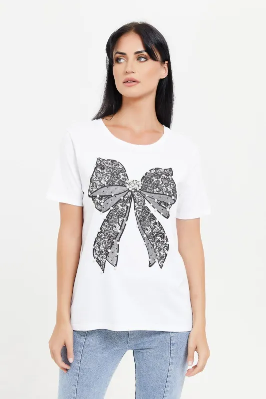 Women White Bow Embellished T-Shirt sold by Redtag