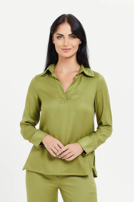 Women Green Shirt Collared Blouse sold by Redtag