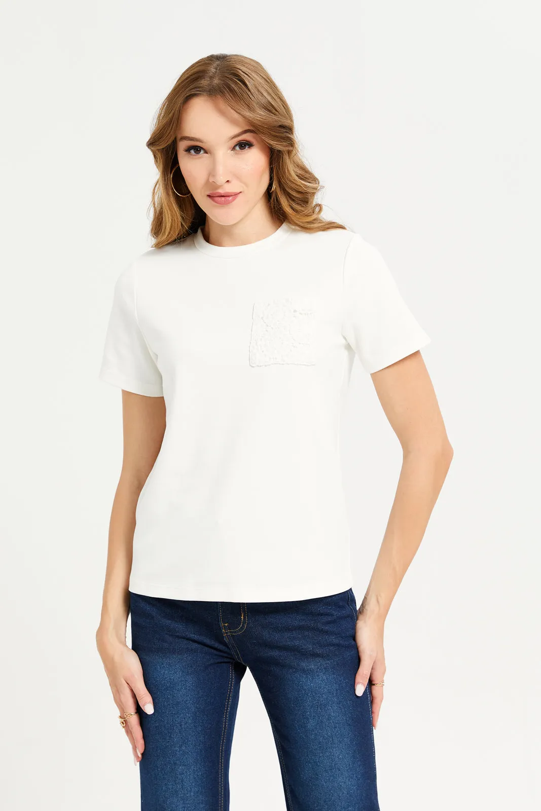 Women White Embroidered Pocket T-Shirt sold by Redtag