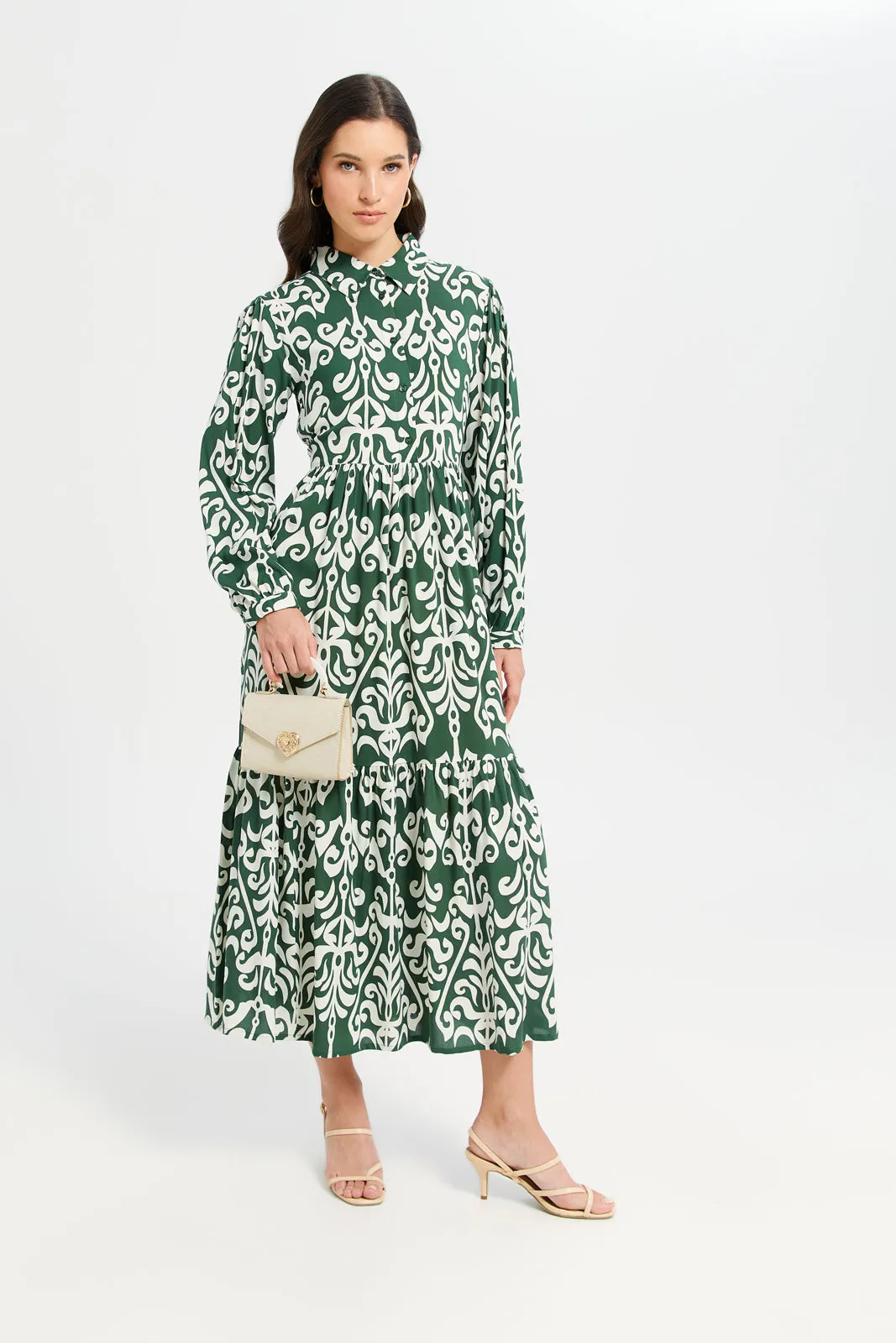 Women Green And White Printed Tiered Dress sold by Redtag