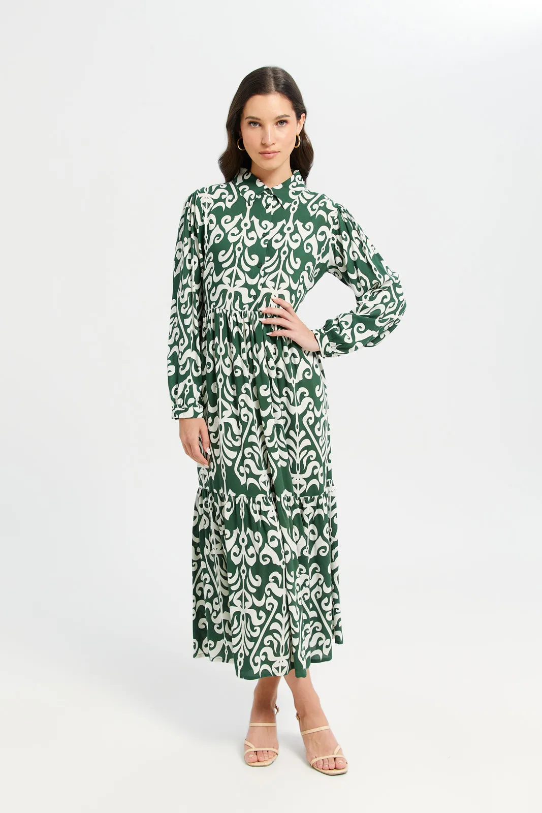 Women Green And White Printed Tiered Dress sold by Redtag product image thumbnail 4