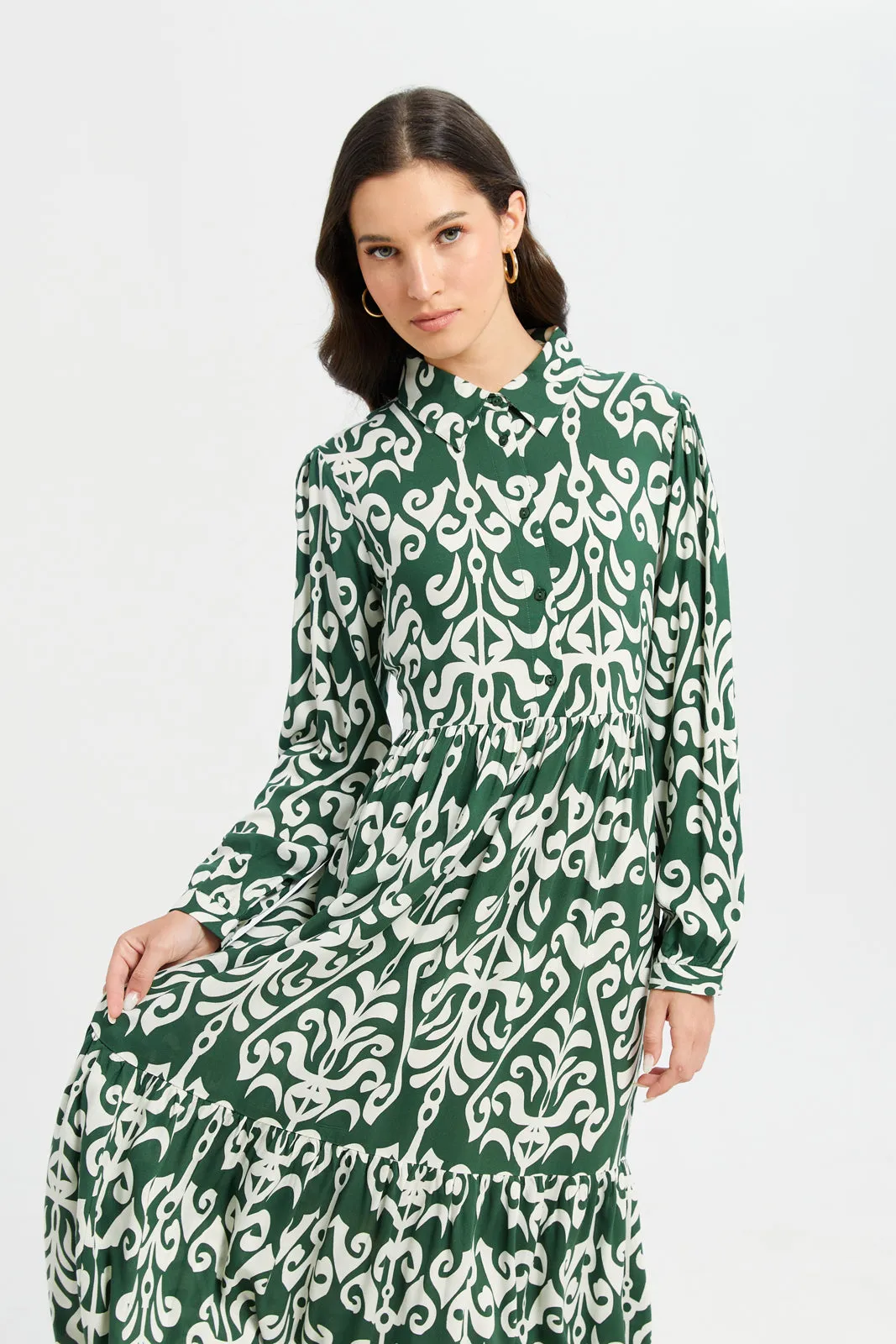 Women Green And White Printed Tiered Dress sold by Redtag product image thumbnail 2