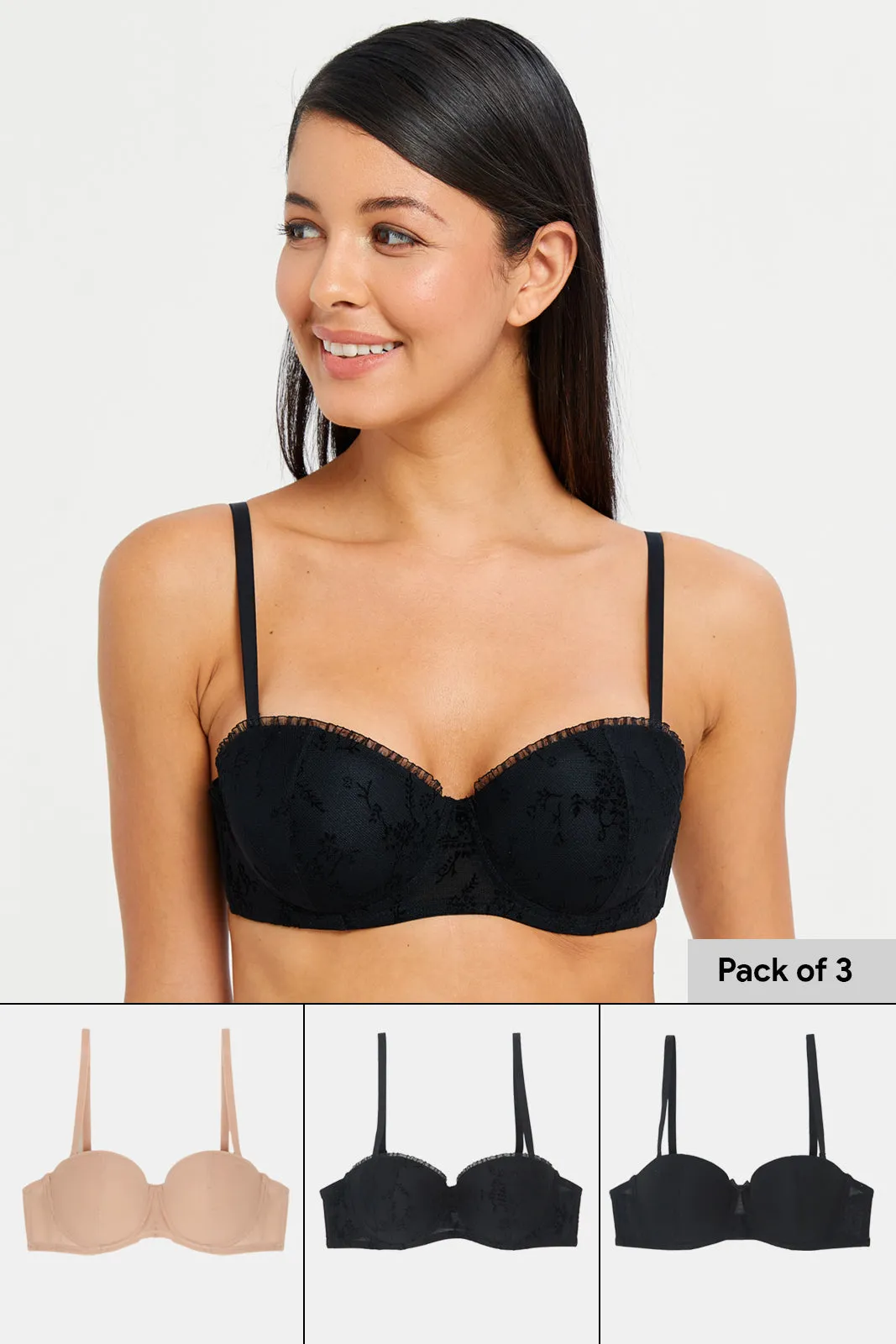 Women Beige And Black Balconette Bras (Pack of 3) sold by Redtag