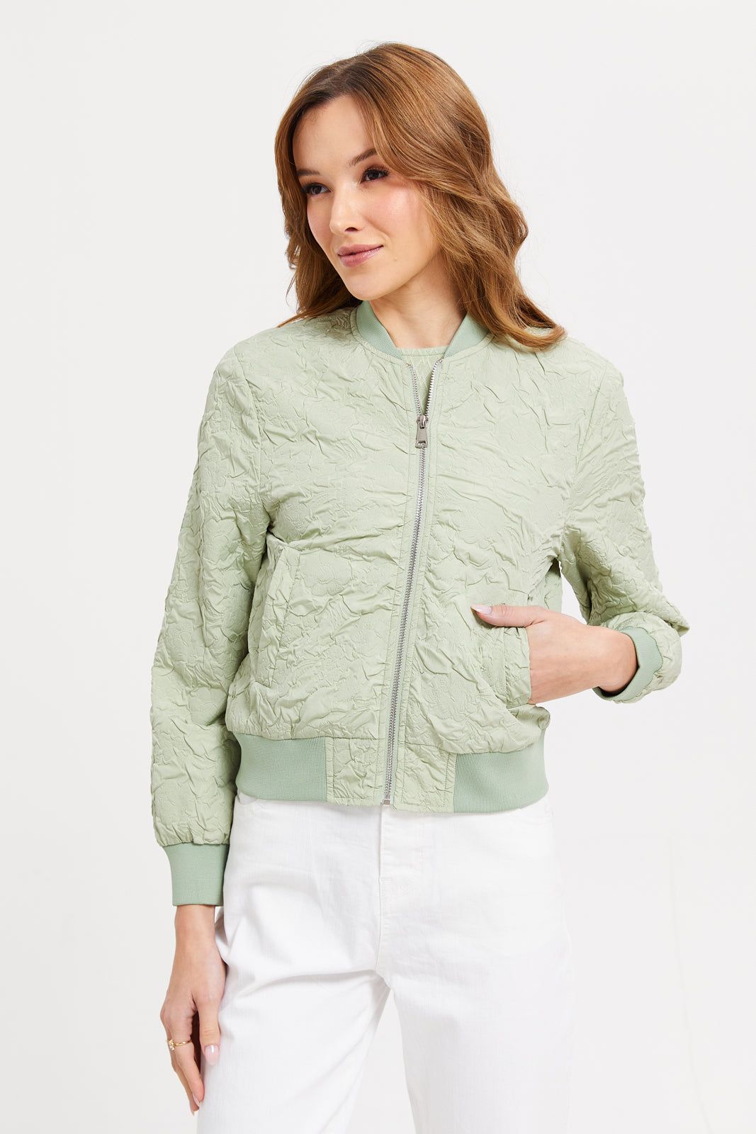 Women Mint Textured Bomber Jacket sold by Redtag