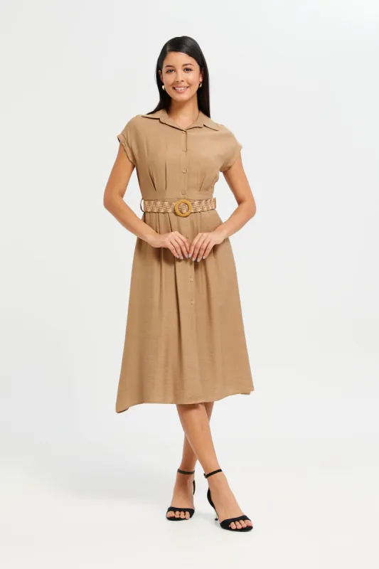 Women Tan Belted Shirt Dress sold by Redtag