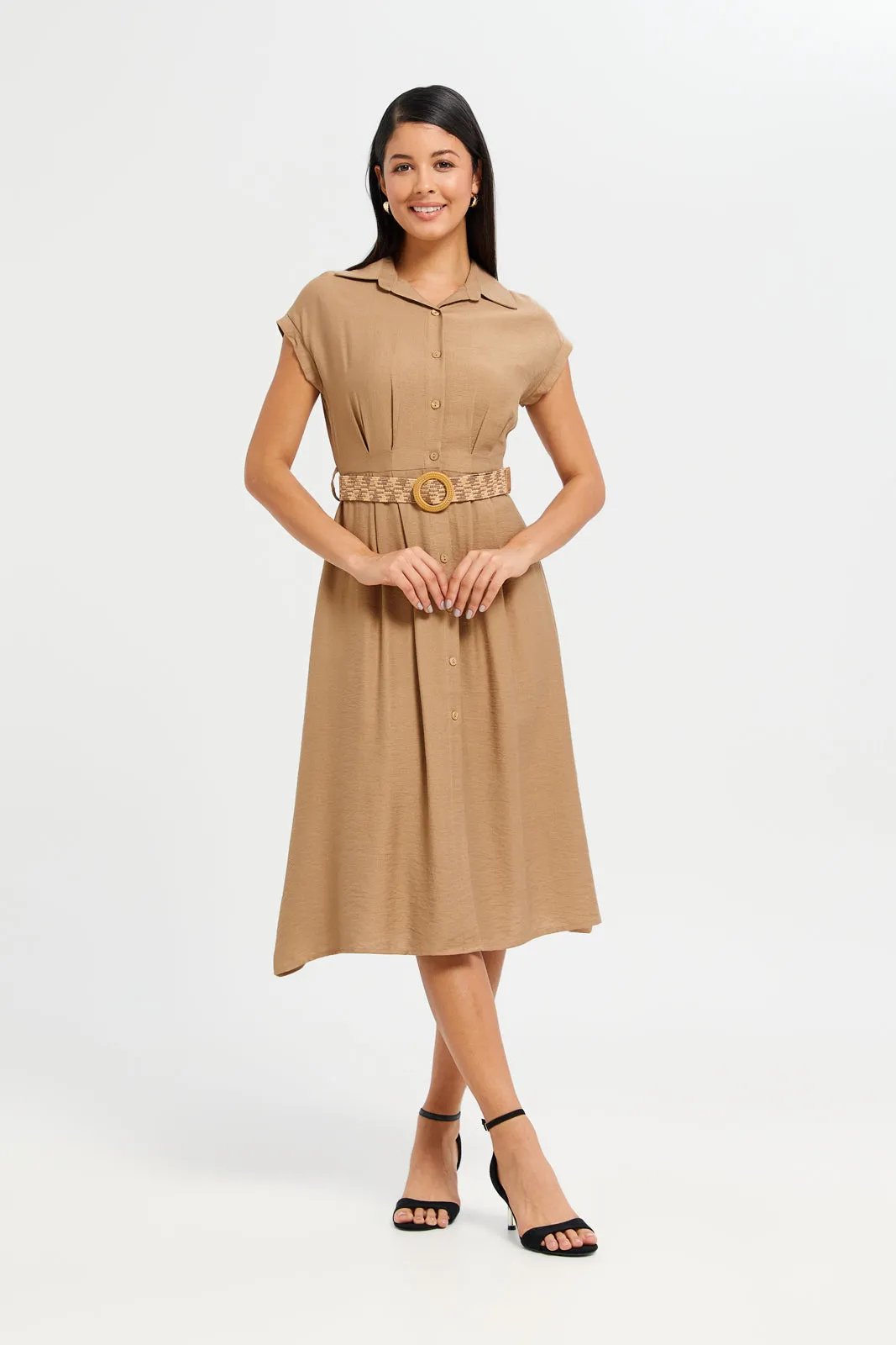 Women Tan Belted Shirt Dress sold by Redtag