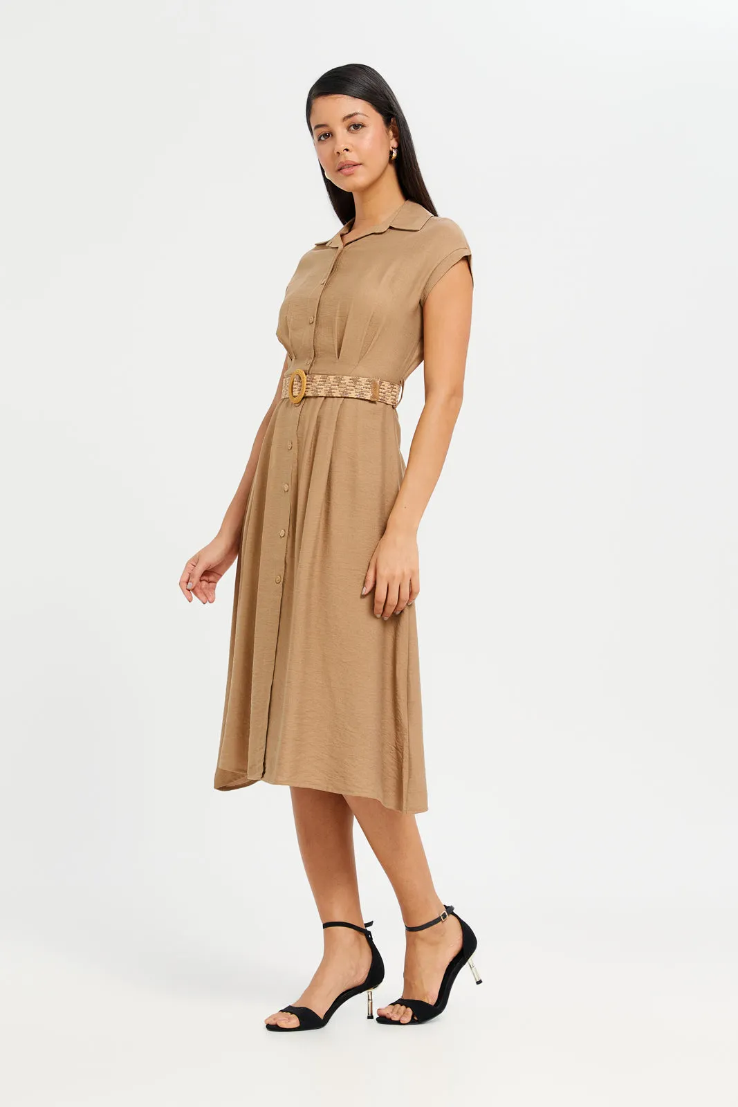Women Tan Belted Shirt Dress sold by Redtag product image thumbnail 4