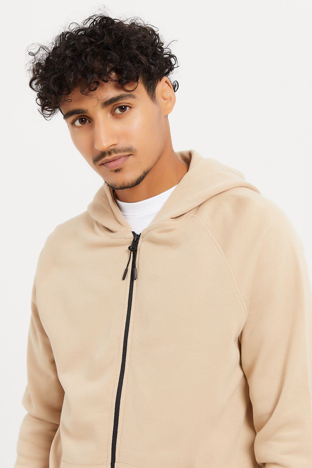 Men Plain Beige Active Zip Through Hooded Sweatshirt sold by Redtag product image thumbnail 4