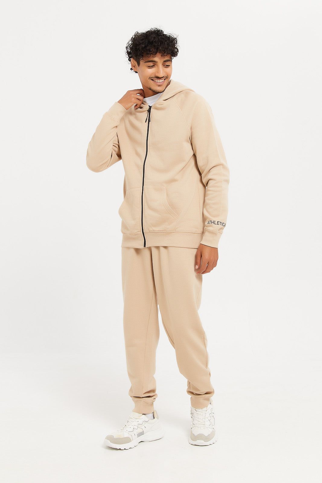 Men Plain Beige Active Zip Through Hooded Sweatshirt sold by Redtag product image thumbnail 2