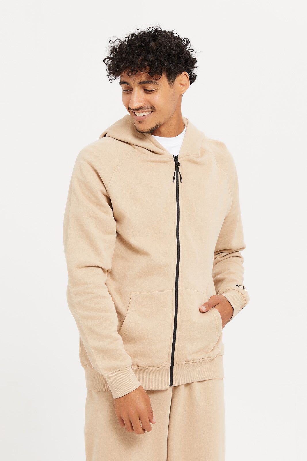 Men Plain Beige Active Zip Through Hooded Sweatshirt sold by Redtag