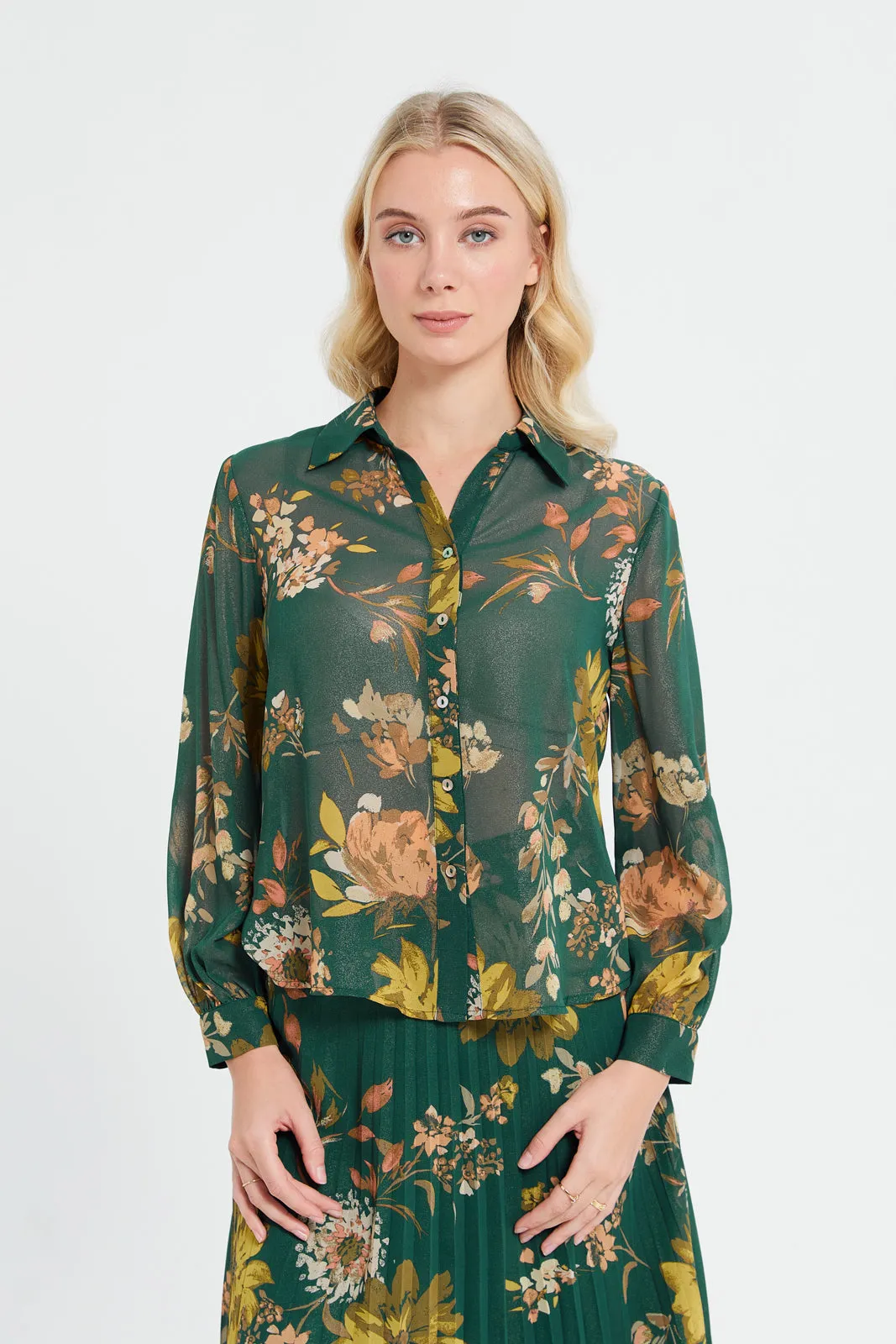 Women Green Floral Print Shirt Blouse sold by Redtag