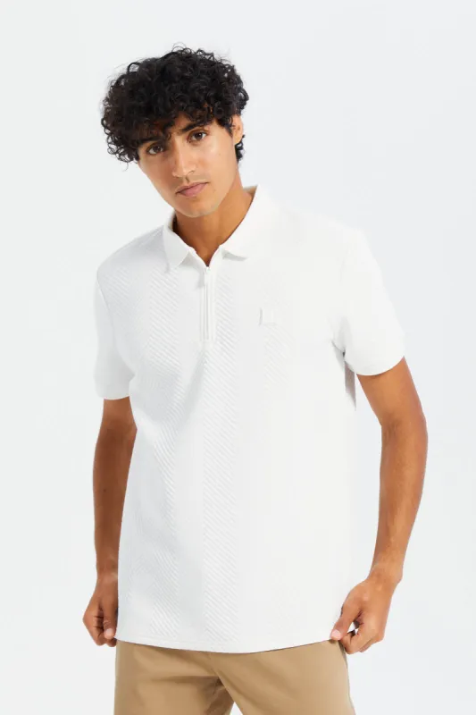 Men White Zip Placket Jacquard Polo Shirt sold by Redtag
