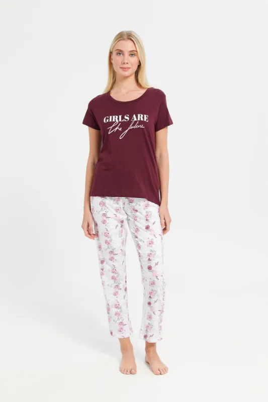 Women Burgundy And White Chest Print Pyjama Set (2 Piece) sold by Redtag