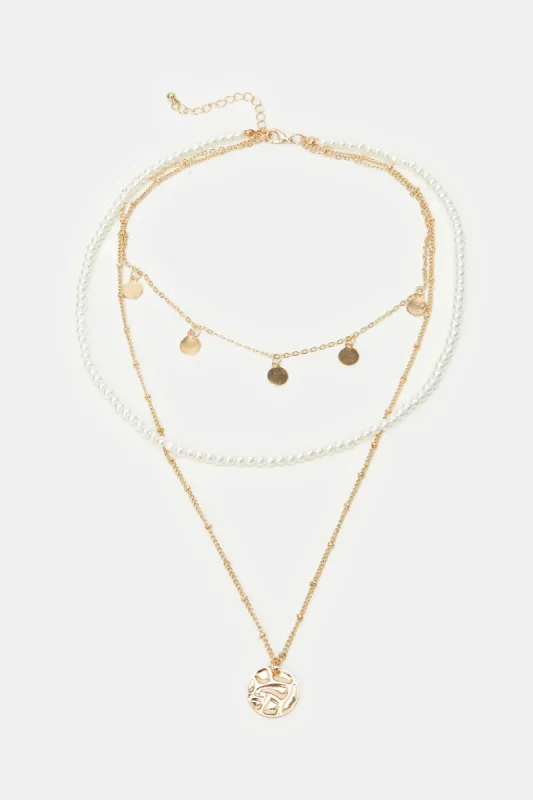 Women Gold And White Embellished Necklace sold by Redtag