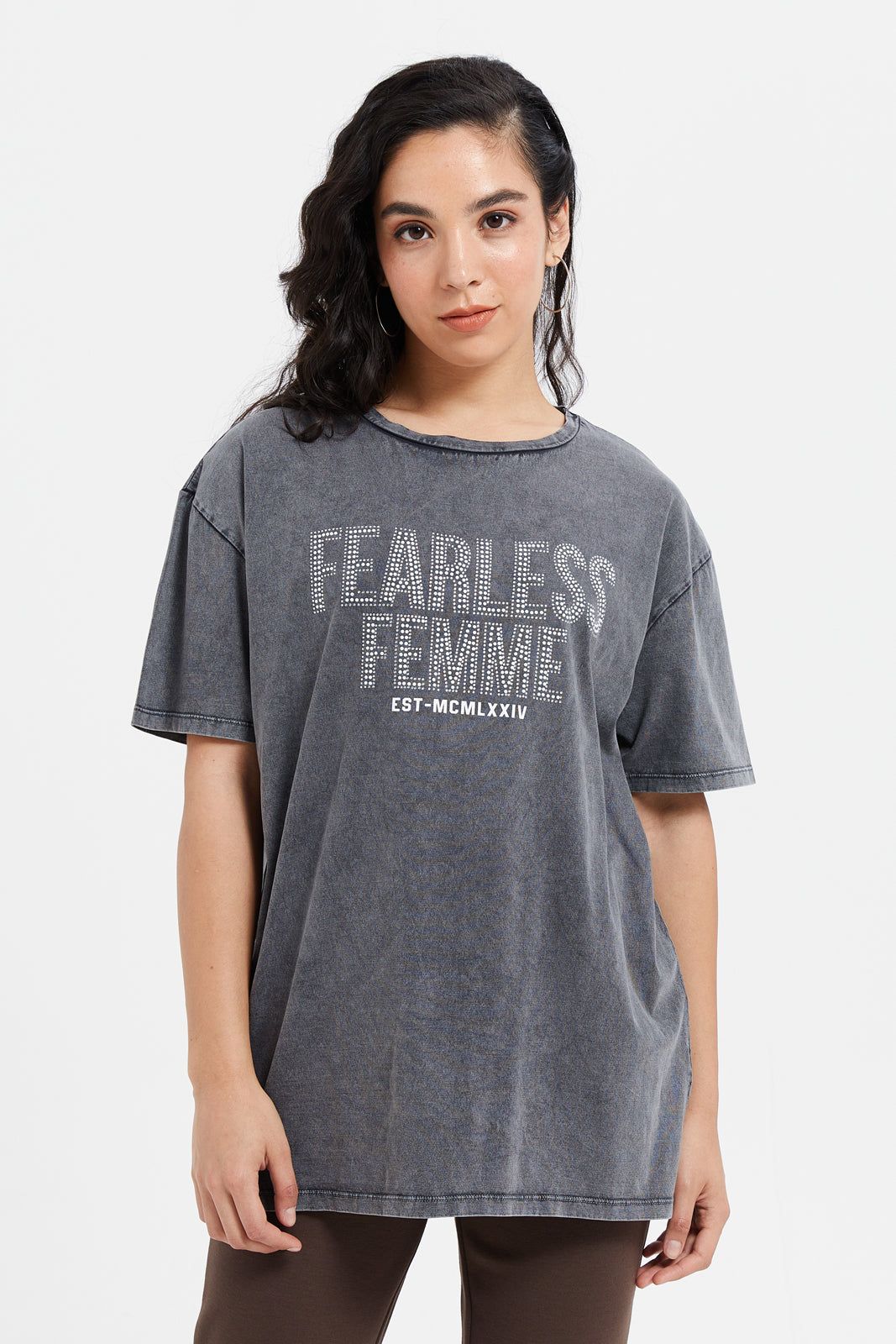 Women Grey Printed Oversize Biker T-Shirt sold by Redtag