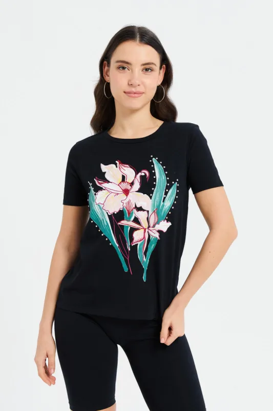 Women Black Printed Embellished T-Shirt sold by Redtag
