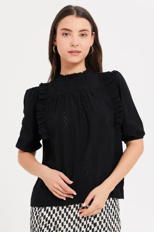 Women Black Frilled Top sold by Redtag