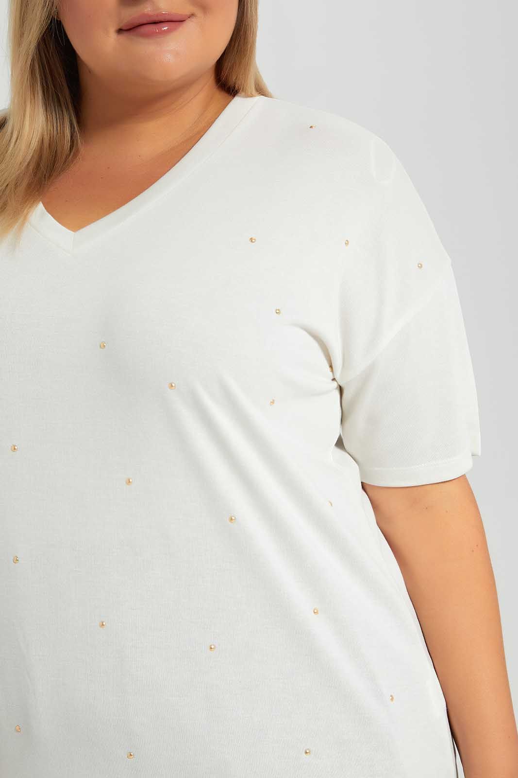 Cream Embellished V-Neck T-Shirt sold by Redtag product image thumbnail 3