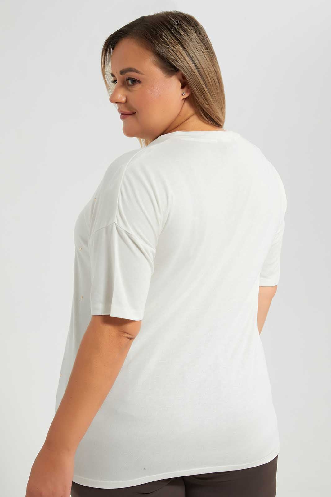 Cream Embellished V-Neck T-Shirt sold by Redtag product image thumbnail 4