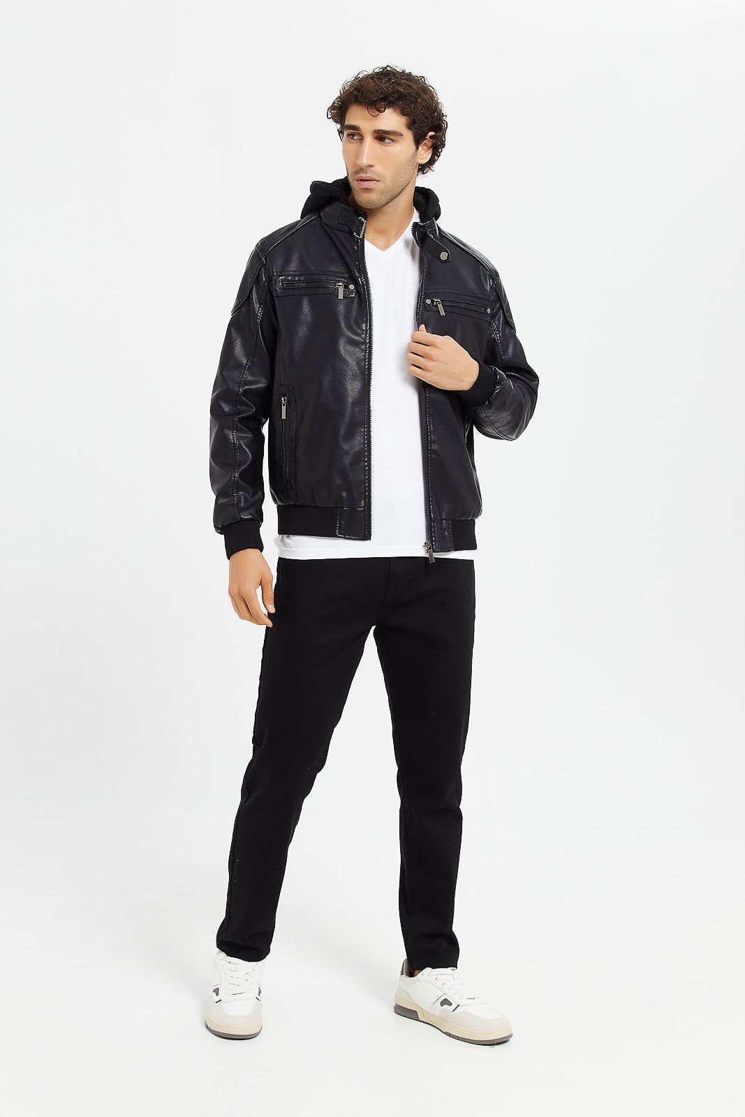 Men Black Hooded Biker Jacket sold by Redtag product image thumbnail 2