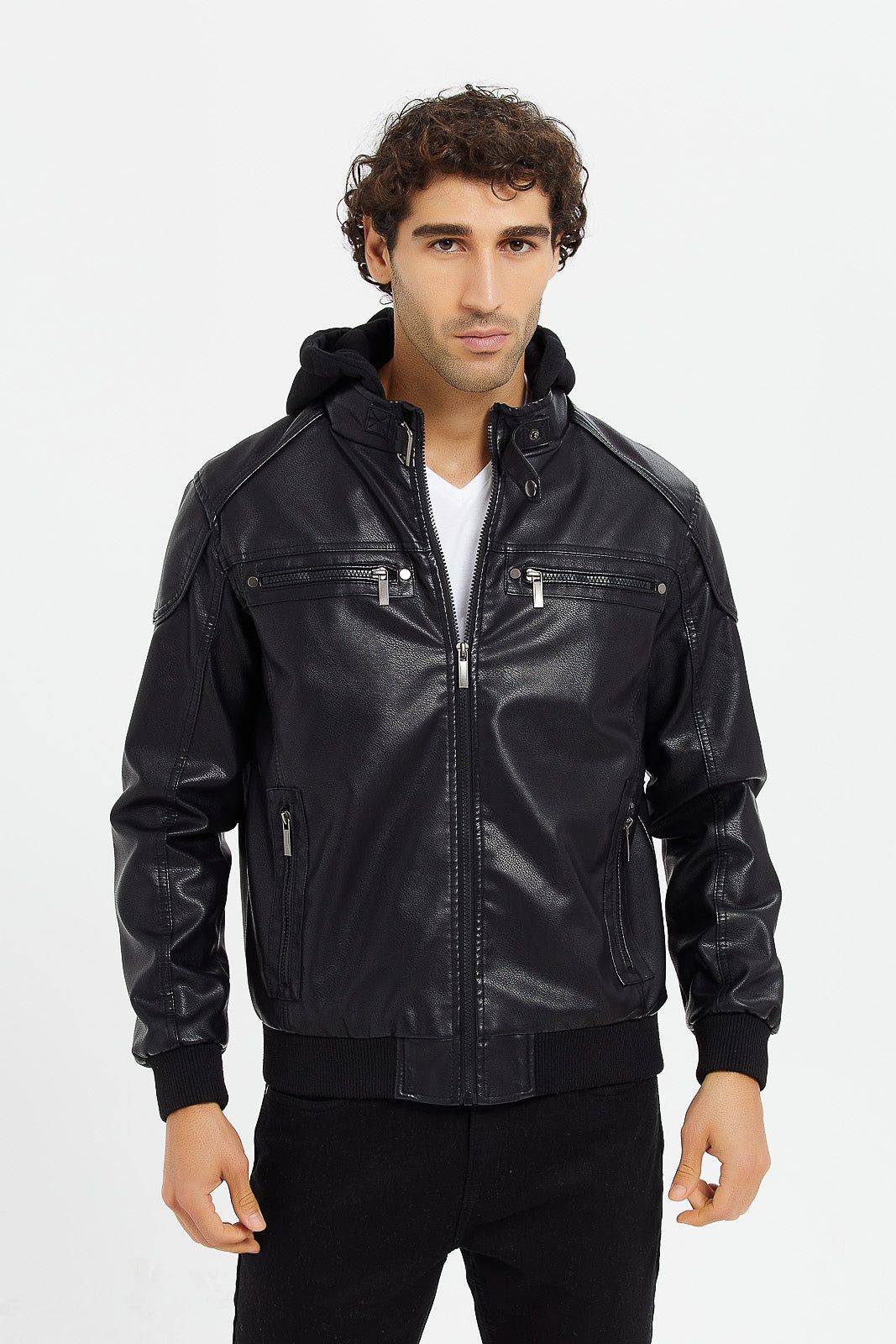 Men Black Hooded Biker Jacket sold by Redtag
