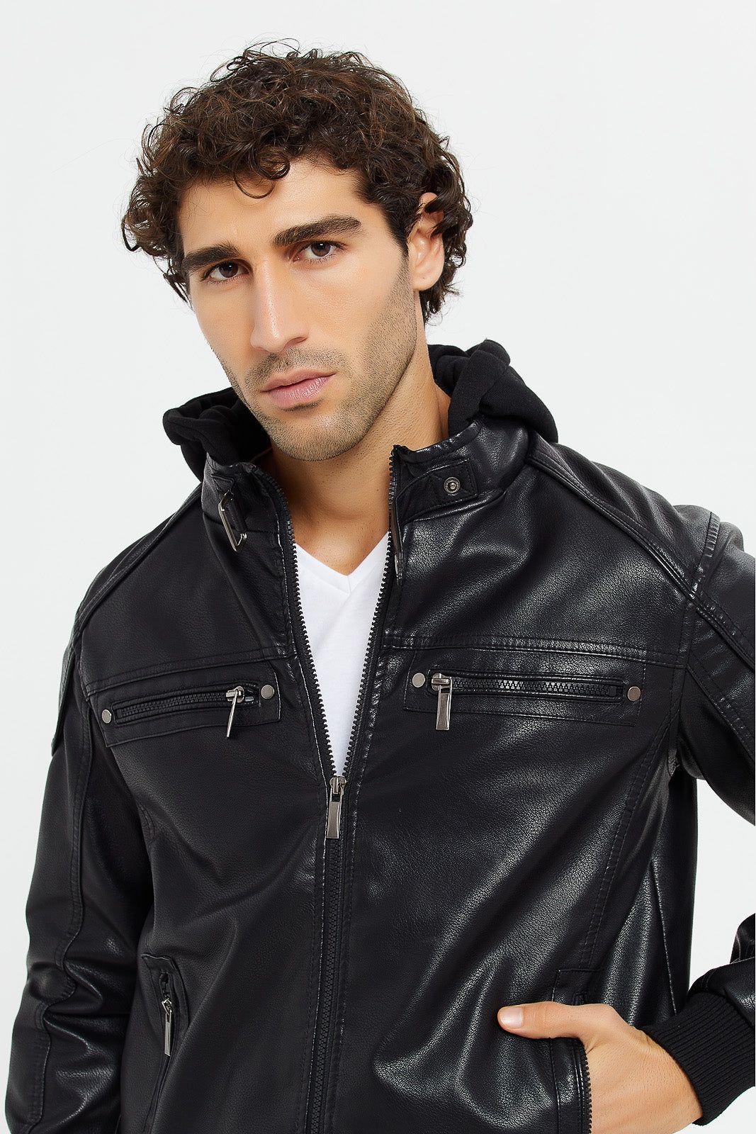 Men Black Hooded Biker Jacket sold by Redtag product image thumbnail 4