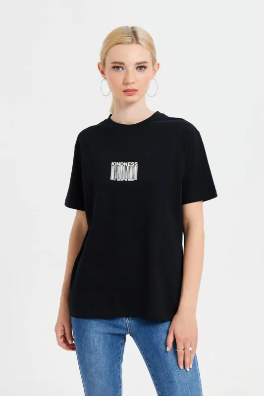 Women Black Oversized T-Shirt With Placement Print sold by Redtag