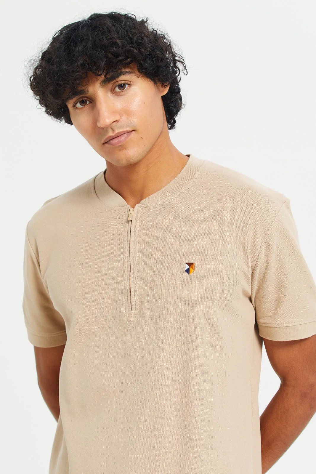 Men Beige Printed Henley Polo T-Shirt sold by Redtag product image thumbnail 4