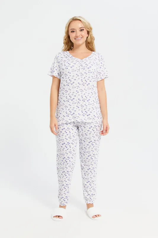 Women White And Purple Printed Pyjama Set (2 Piece) sold by Redtag