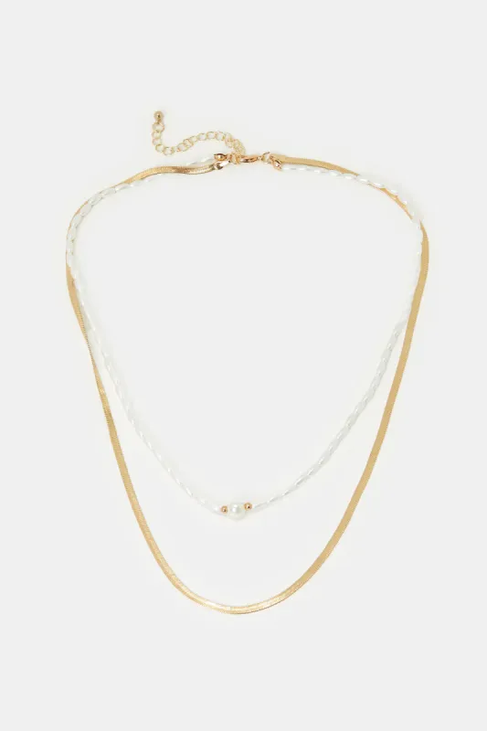 Women Gold And White Embellished Layered Necklace sold by Redtag